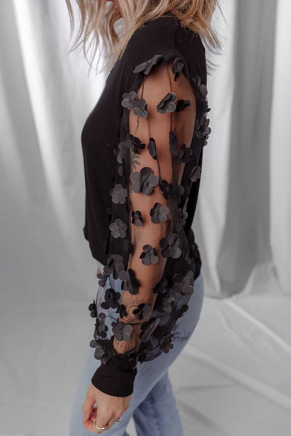 Flower Applique Mesh Blouse