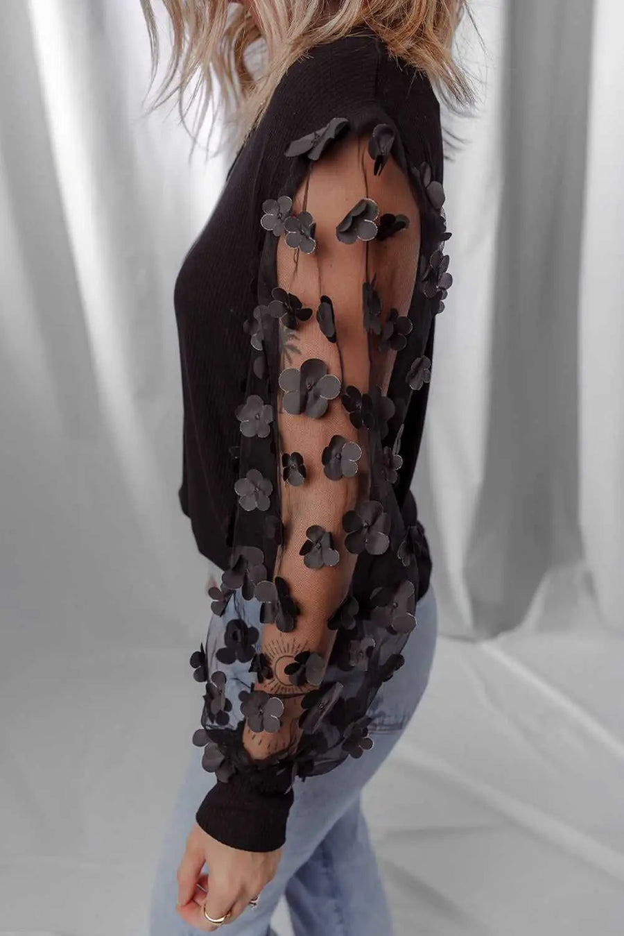 Side view of Flower Applique Mesh Sheer Elegant Blouse showing layered mesh construction and flower applique detail — Fashionfitz