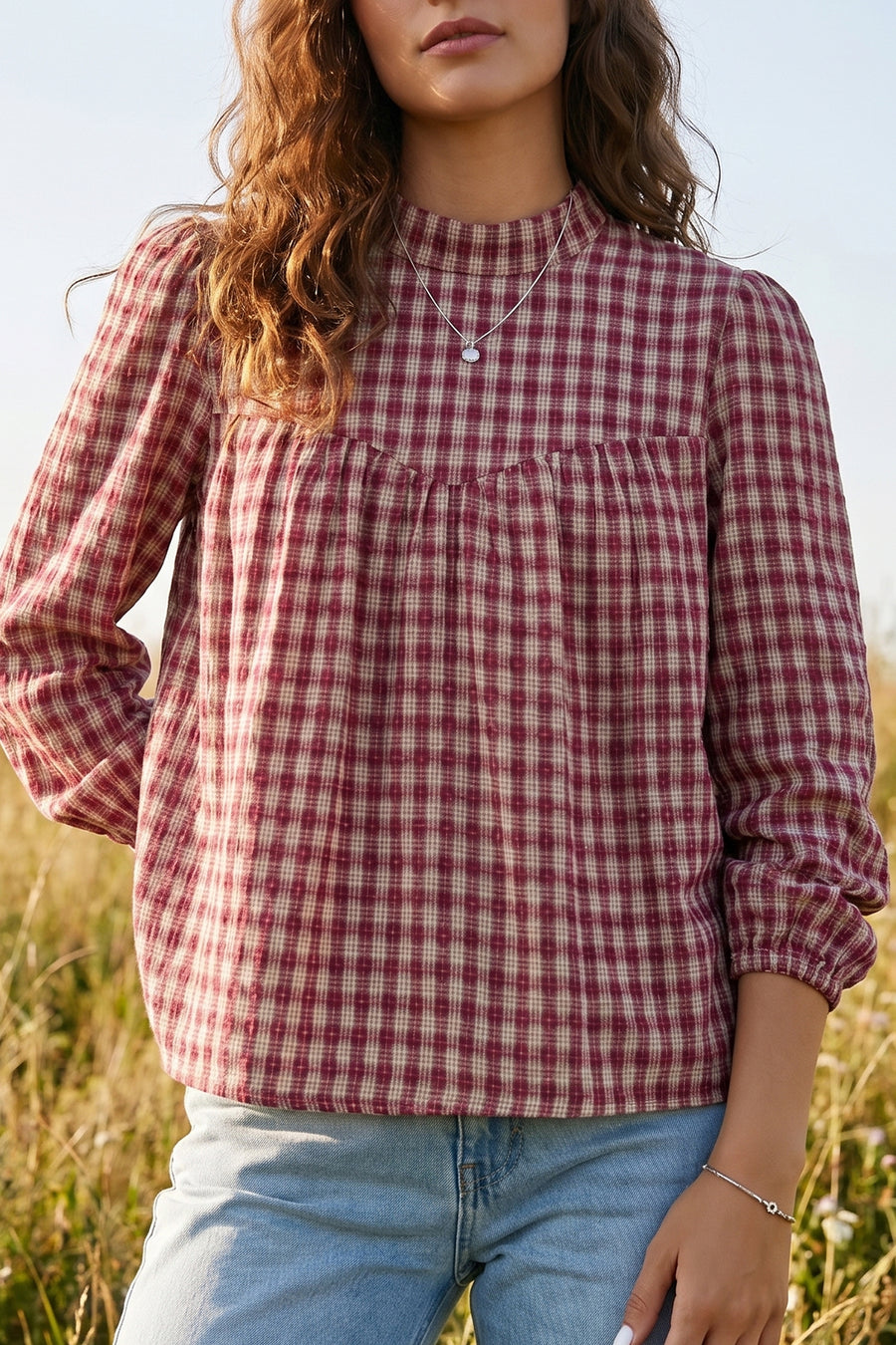 Coral country plaid long sleeve button keyhole pleated loose blouse front view — Fashionfitz UK