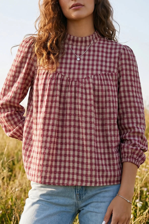 Coral country plaid long sleeve button keyhole pleated loose blouse front view — Fashionfitz UK