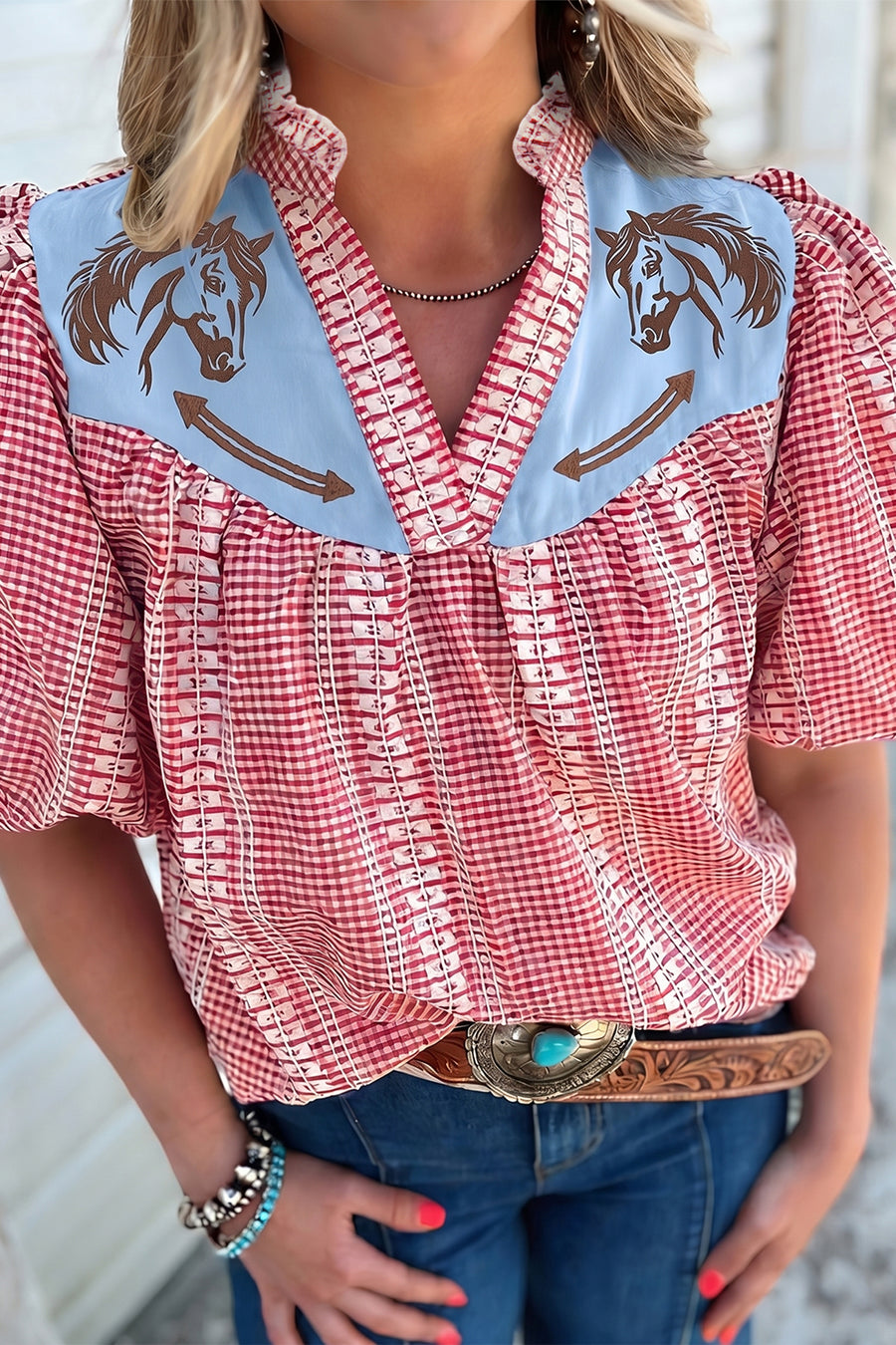 Western Pony Embroidered Puff Sleeve Gingham Blouse Women UK