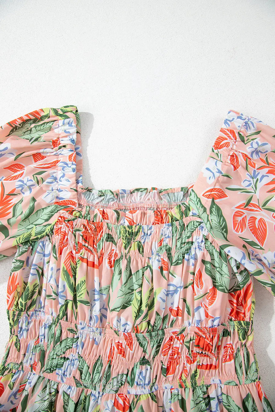 Apricot Pink Floral Smocked Bust Bubble Sleeve Maxi Dress Women UK