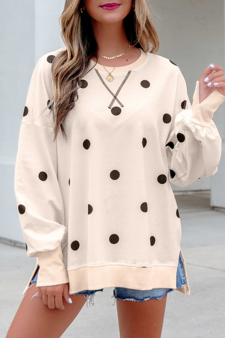 Polka Dot Long Sleeve Round Neck Tunic Sweatshirt