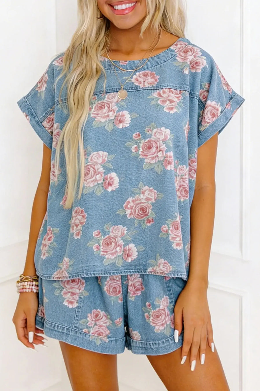 Floral Denim Short Sleeve Top and Shorts Set Women UK — close-up detail | Fashionfitz UK