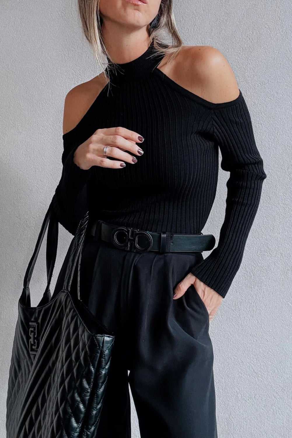 Black Cold Shoulder Choker Neck Sweater