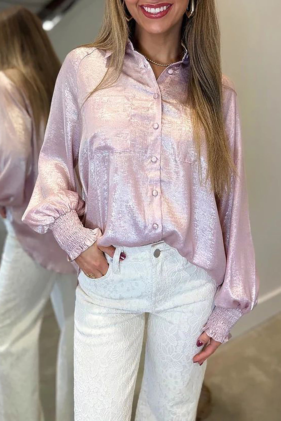 Button Front Ruffle Cuffs Back Paneling Blouse