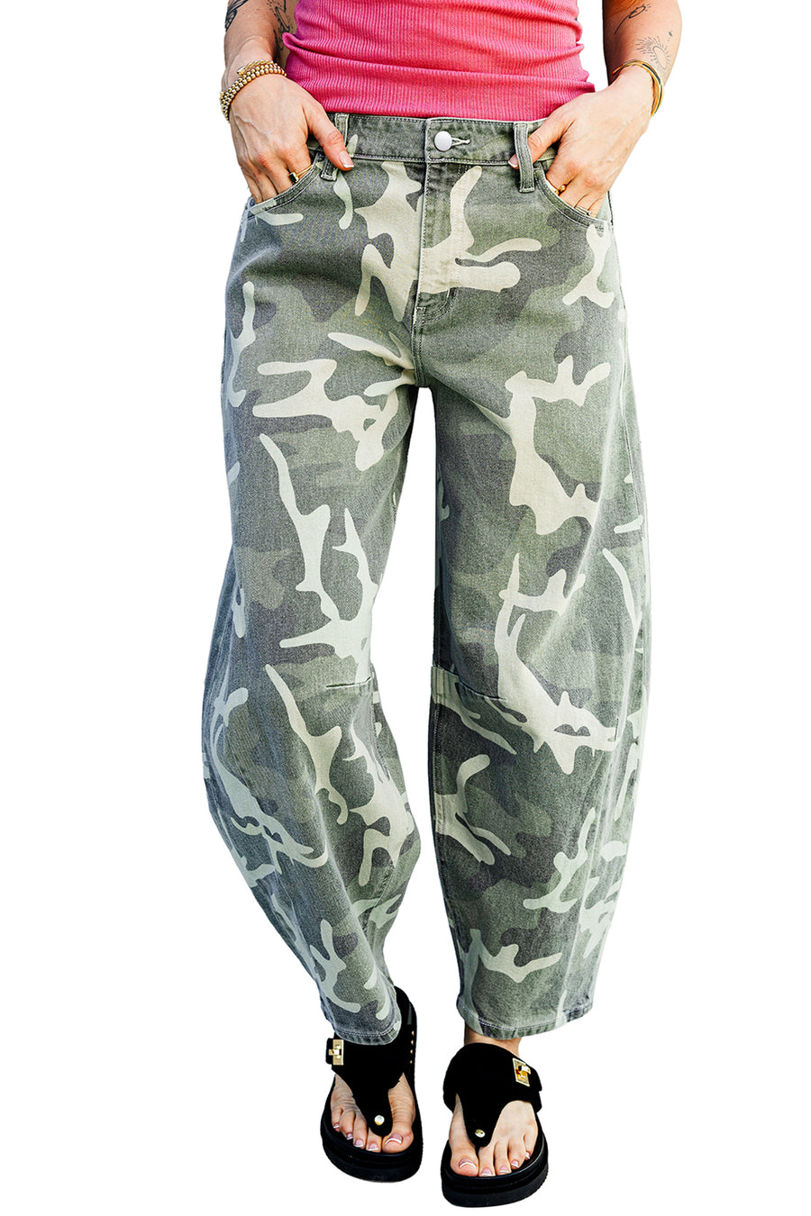 Green Camo Print Button Fly Straight Leg Ankle Length Jeans