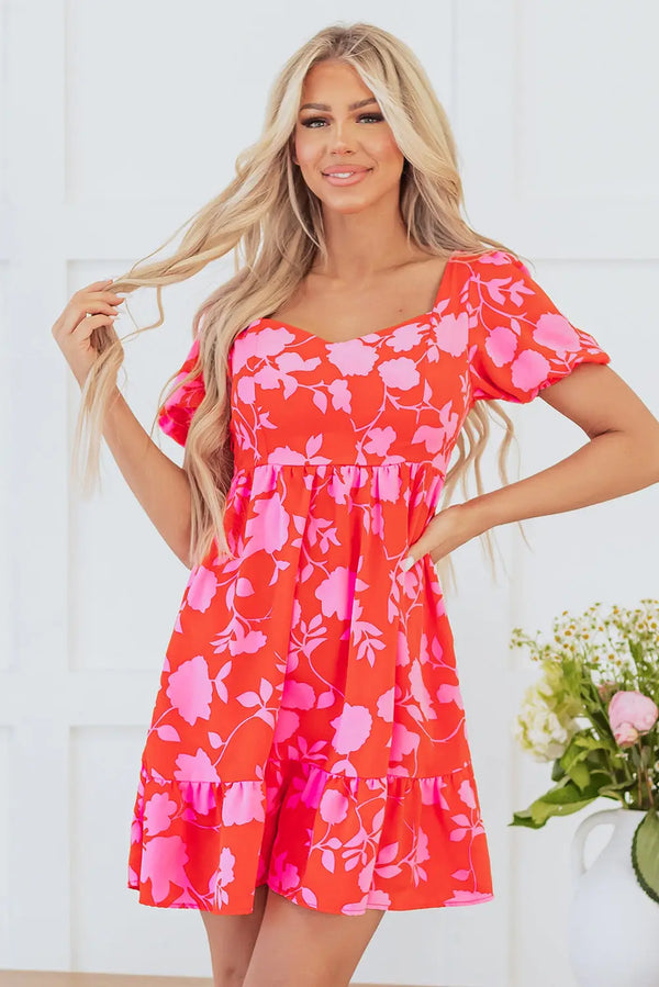 Red Floral Bubble Sleeve Sweetheart Neck Ruffled Mini Dress Women UK