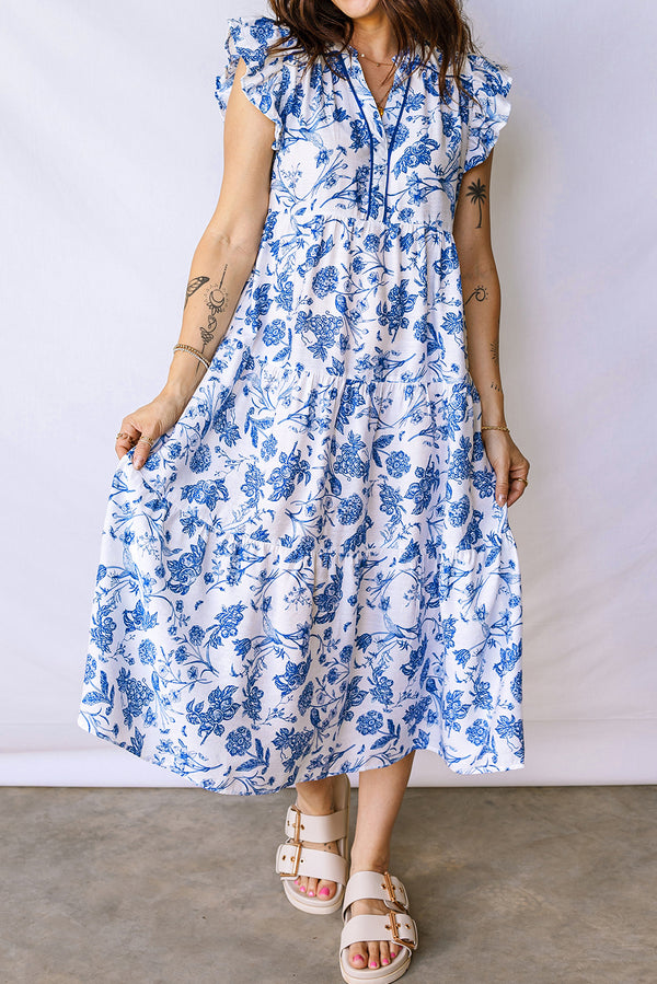 Blue tiered floral midi dress UK ruffle sleeve detail