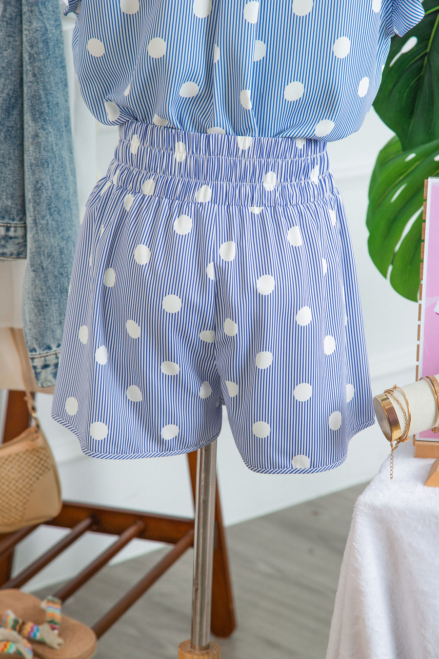 Polka Dot Print Shirred High Waist Casual Shorts — angled view | Fashionfitz UK