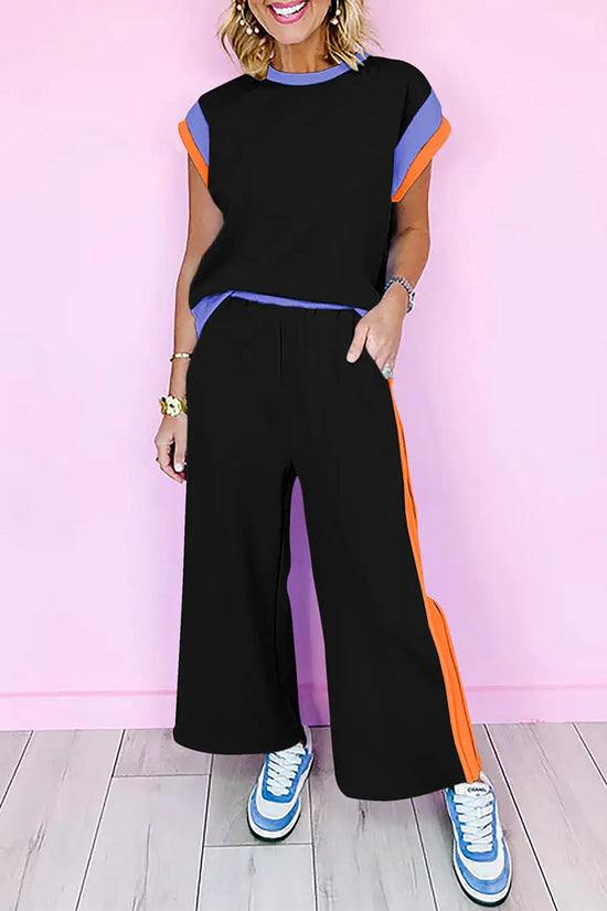 Colour block two piece set cap sleeve wide leg pants women uk