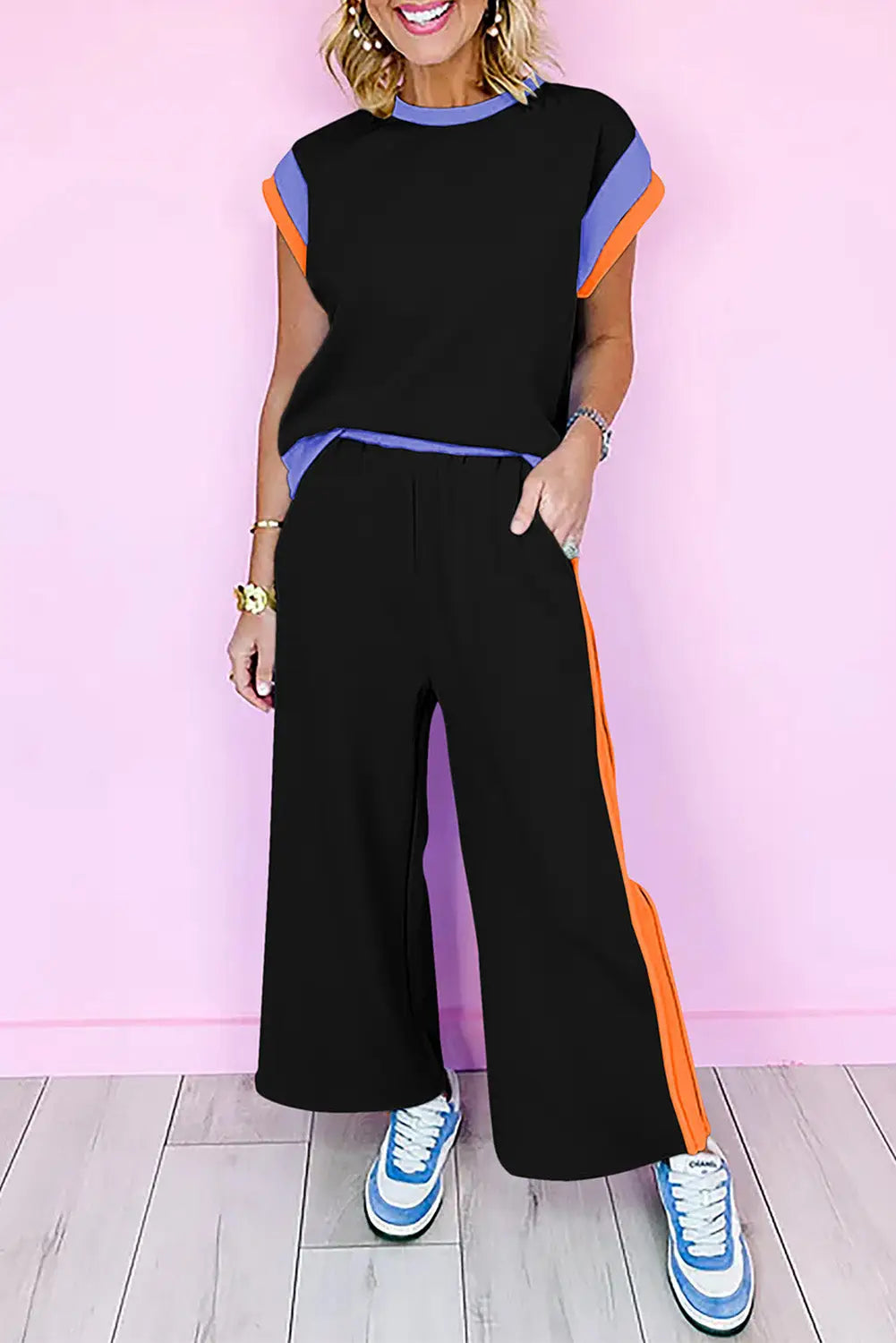 Colour block two piece set cap sleeve wide leg pants women uk
