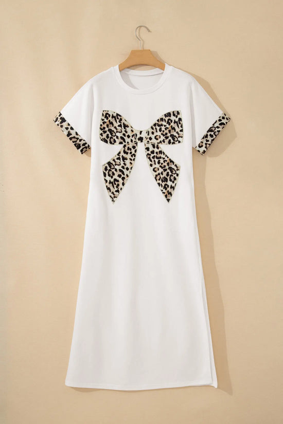 Leopard bow patch short sleeve t-shirt maxi dress thigh slit high waist dresses