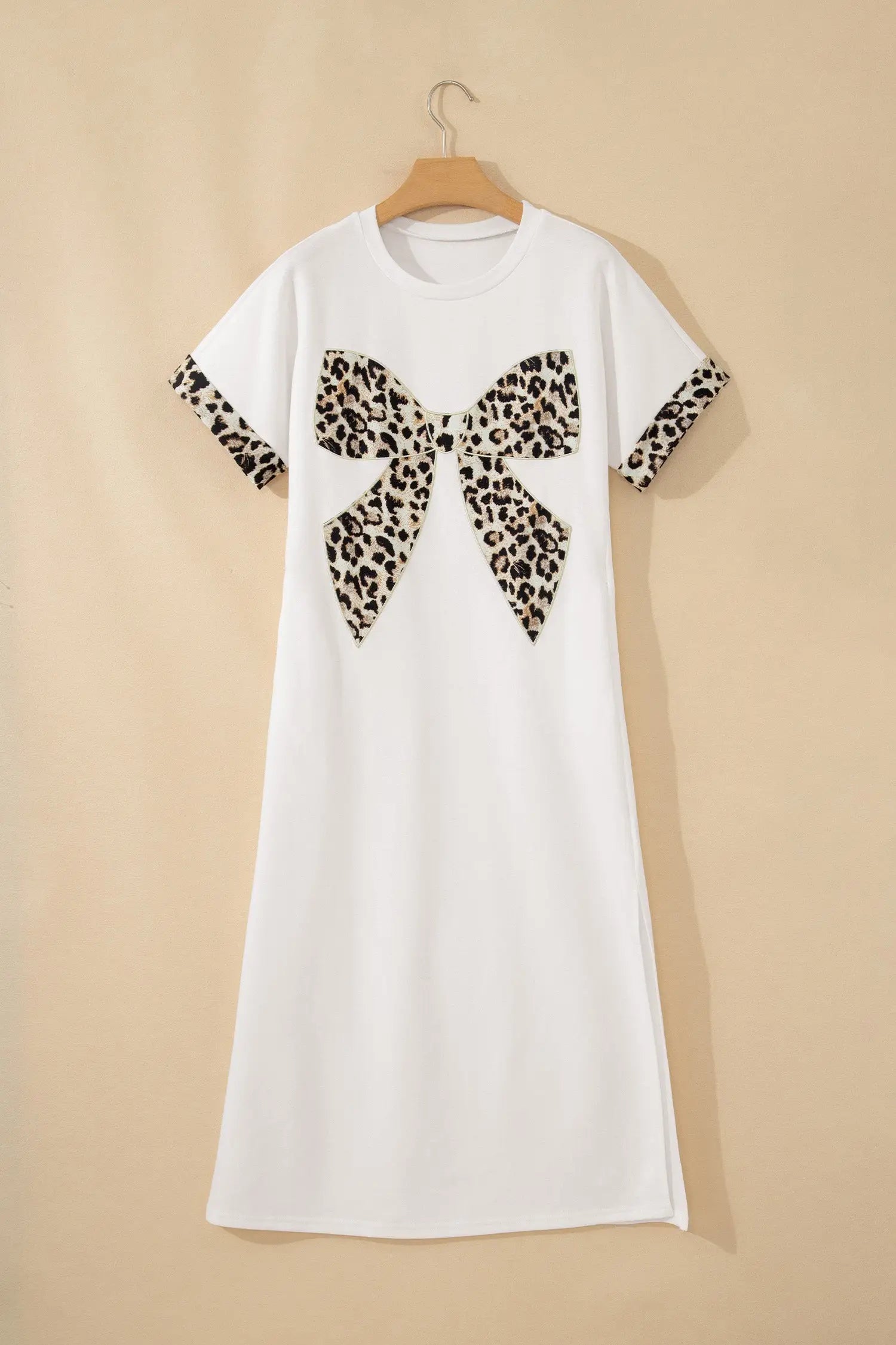 Leopard bow patch short sleeve t-shirt maxi dress thigh slit high waist dresses