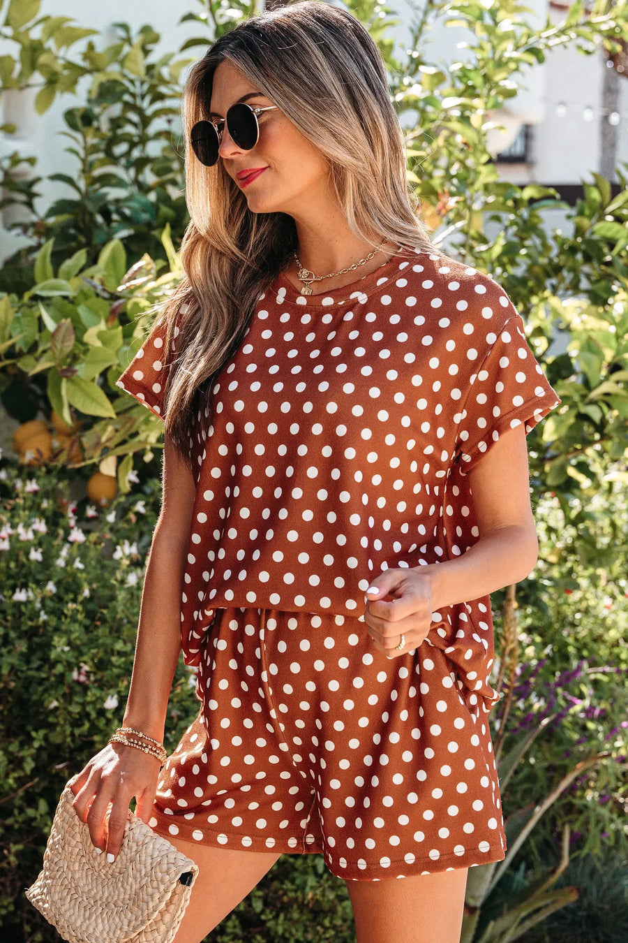 Polka Dot Print Round Neck Short Sleeve Top & Shorts Co-Ord Set