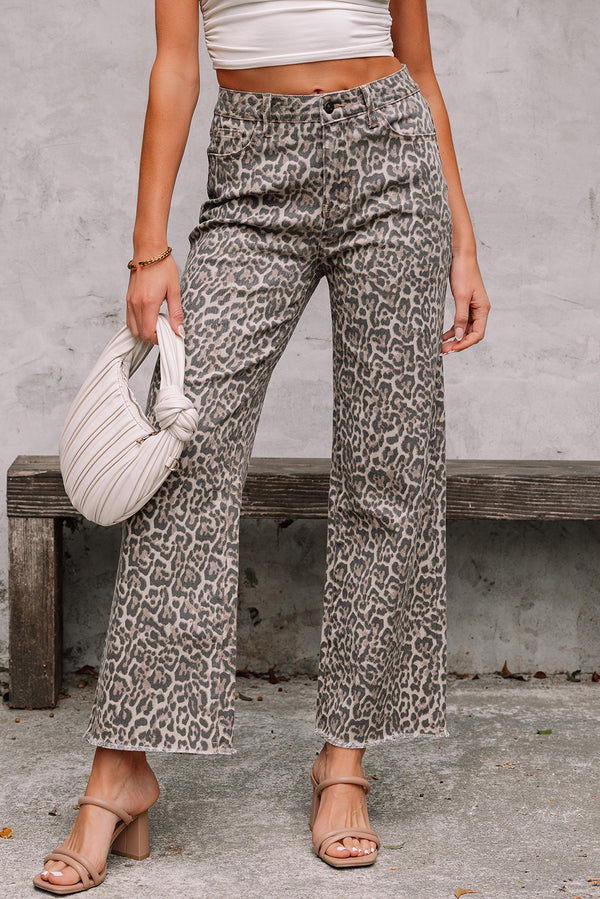 Leopard Frayed Edge Wide Leg High Waist Jeans Women UK
