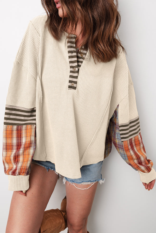 Beige Waffle Plaid Patchwork Henley Knit Top Women UK