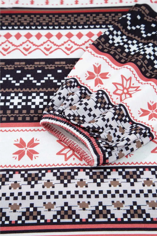 Black christmas retro print lounge set v-neck top high waist pants loungewear