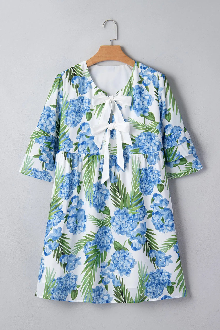 Sky Blue Palm Floral Contrast Ribbon Knot Ruffle Mini Dress Women UK