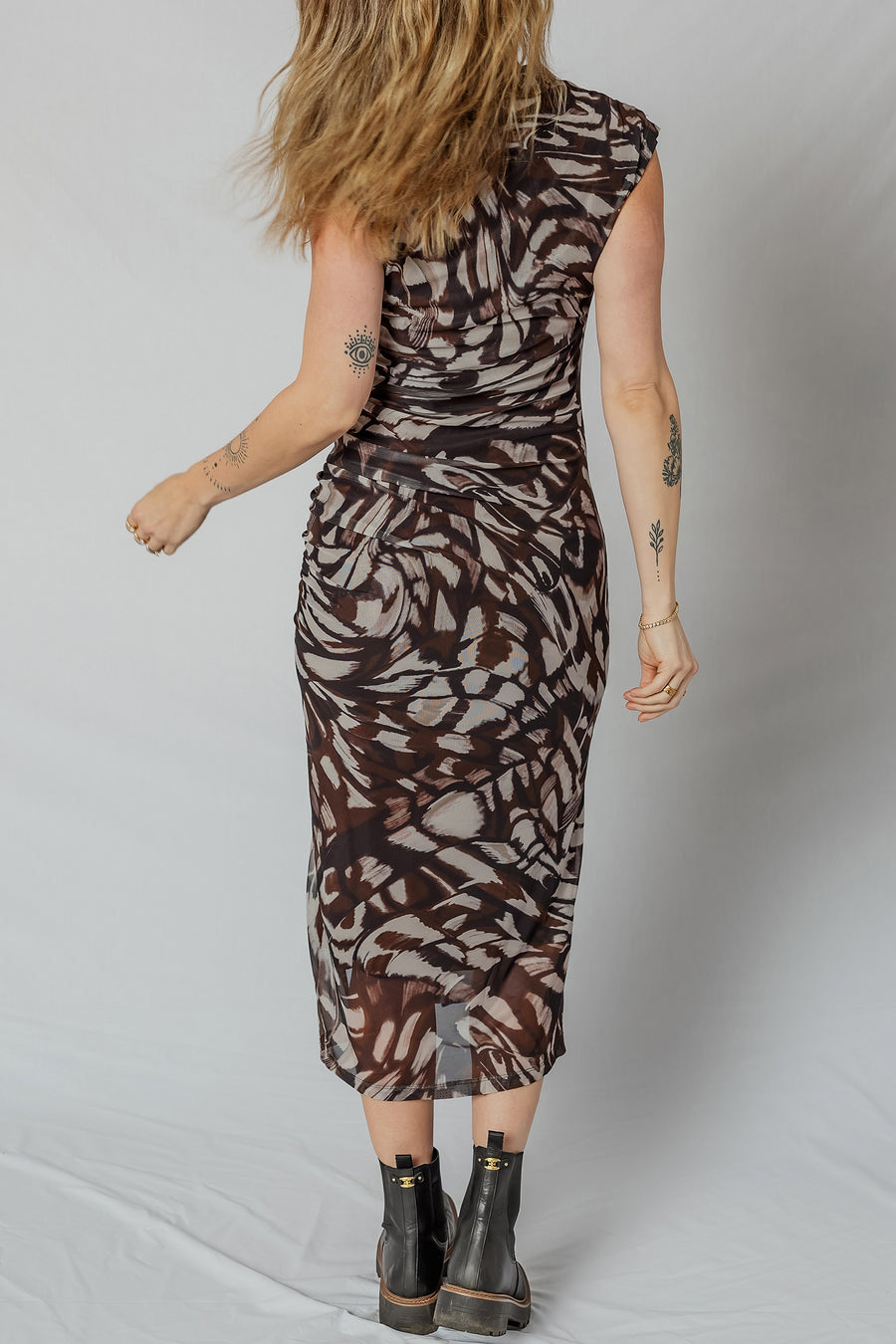 Abstract Print Mesh Cowl Neck Ruched Midi Dress with Slit Women UK