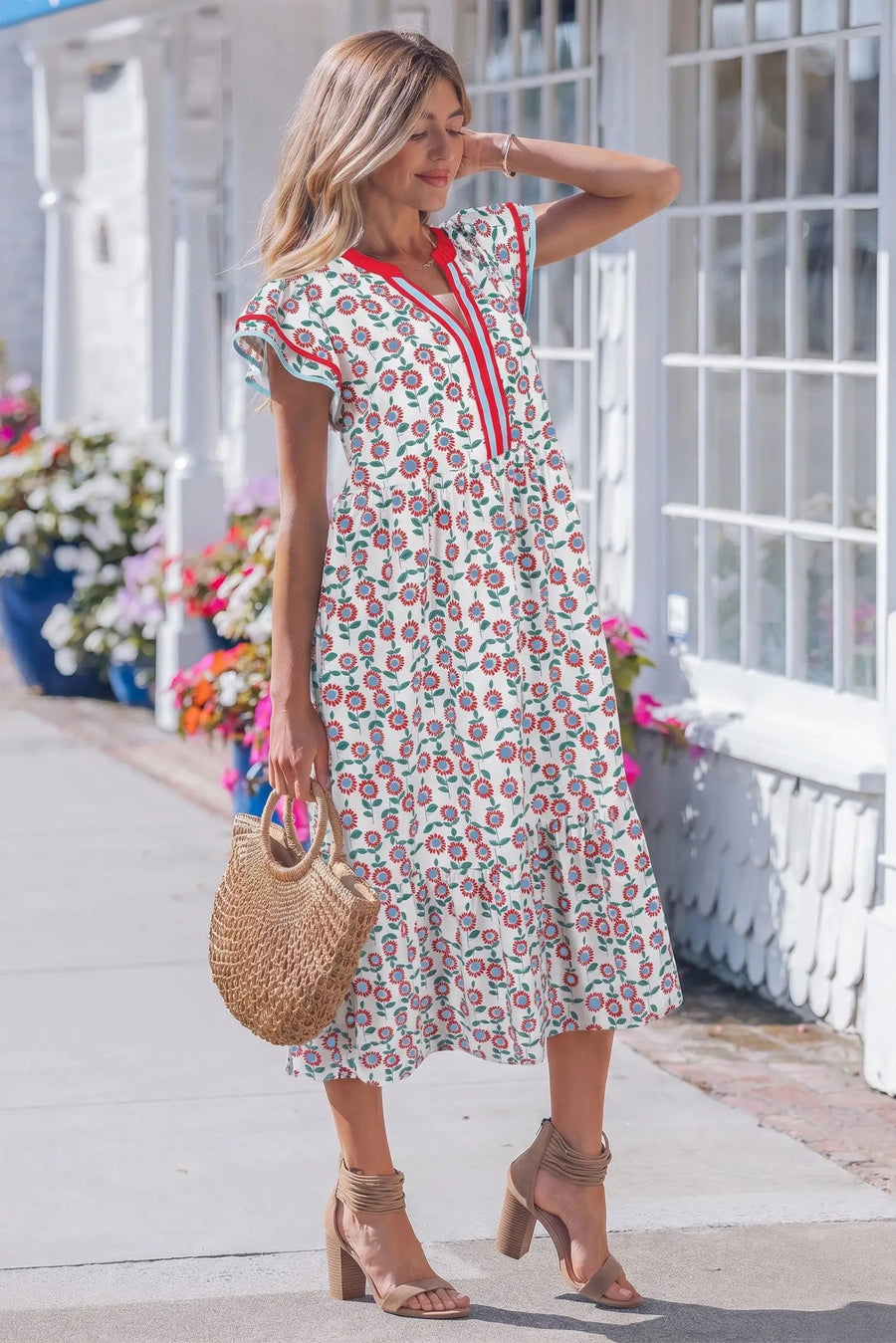 Sky Blue Sunflower Print Flutter Sleeve Maxi Dress Women UK