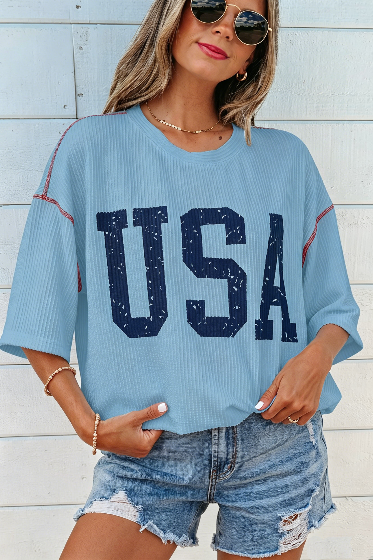 USA Graphic Ribbed Half Sleeve Loose Top Round Neck Tunic Length