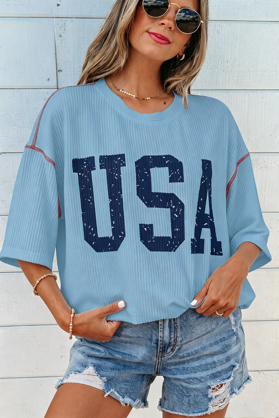 USA Graphic Ribbed Half Sleeve Loose Top Round Neck Tunic Length