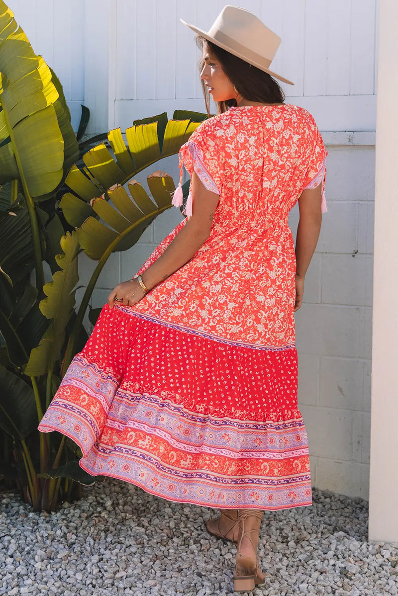 Red Floral Tasseled Tied Sleeve Empire Waist Maxi Dress Women UK