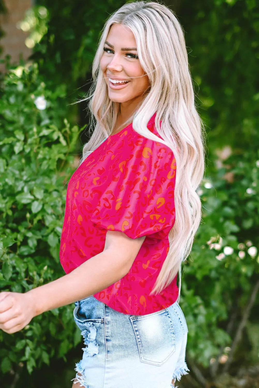 Rose Leopard Printed Puff Sleeve Top - Fashionfitz