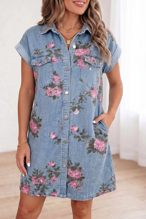 Sky Blue Denim Floral Button Down Shift Dress Women UK