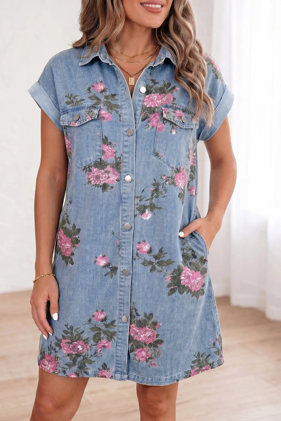 Sky Blue Denim Floral Button Down Shift Dress Women UK