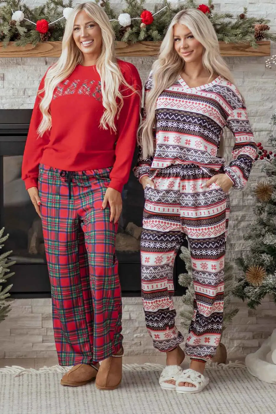 Black christmas retro print lounge set v-neck top high waist pants loungewear