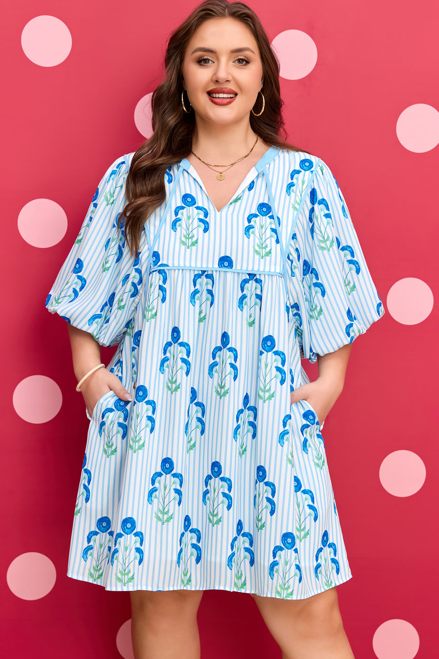 Sky Blue Plus Size Floral Striped Bubble Short Sleeve Dress Women UK — full length