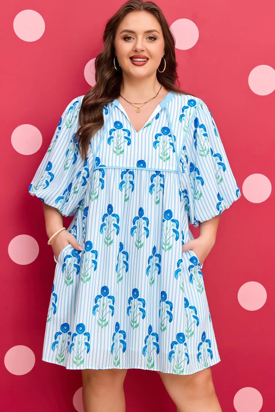 Sky Blue Plus Size Floral Striped Bubble Short Sleeve Dress Women UK — full length