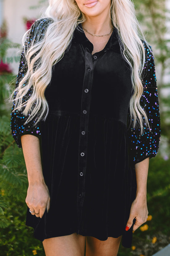 Black Sequin Puff Sleeve Velvet Peplum Shirt