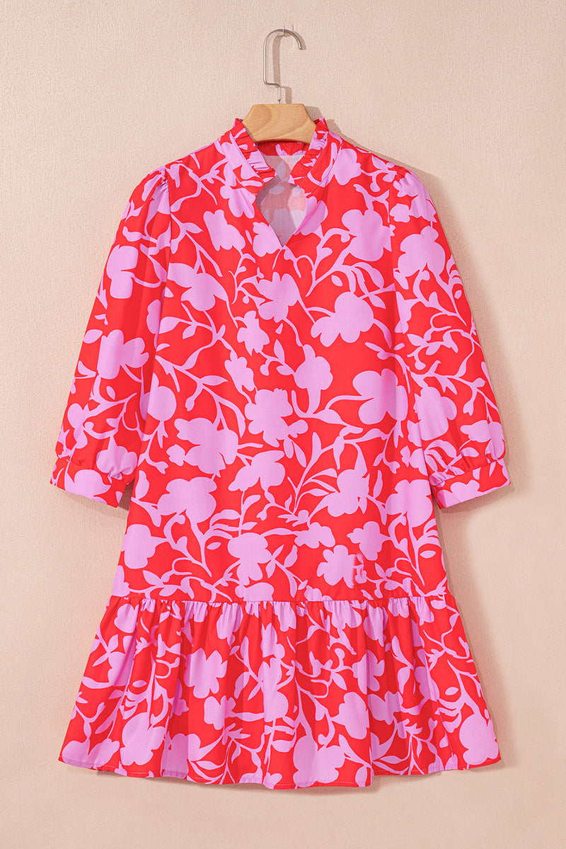 Red Floral 3/4 Sleeve Ruffle Hem Mini Dress Women UK