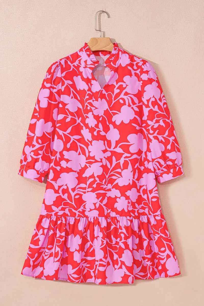 Red Floral 3/4 Sleeve Ruffle Hem Mini Dress Women UK