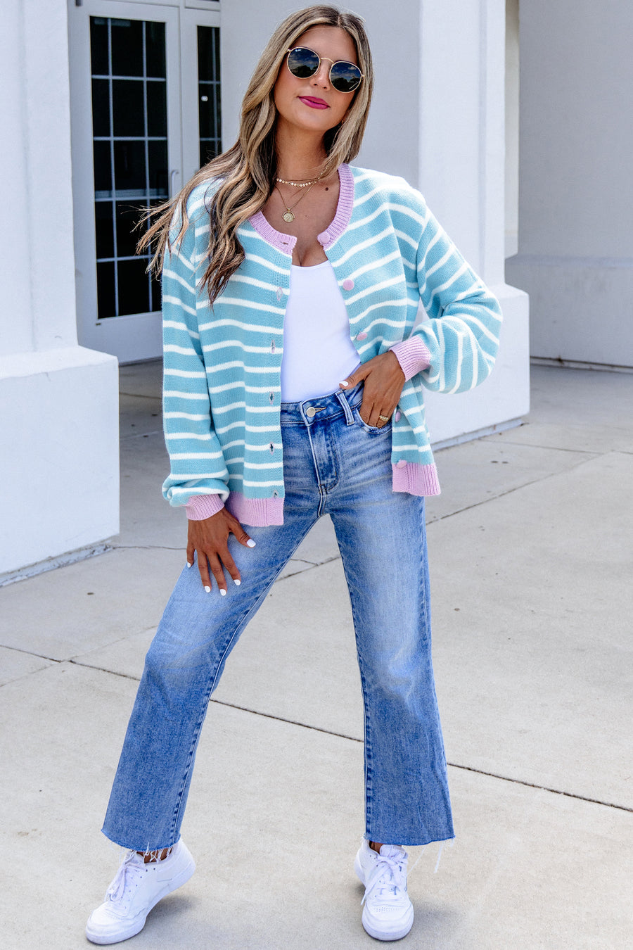 Stripe Contrast Trim Button Down Cardigan Women UK