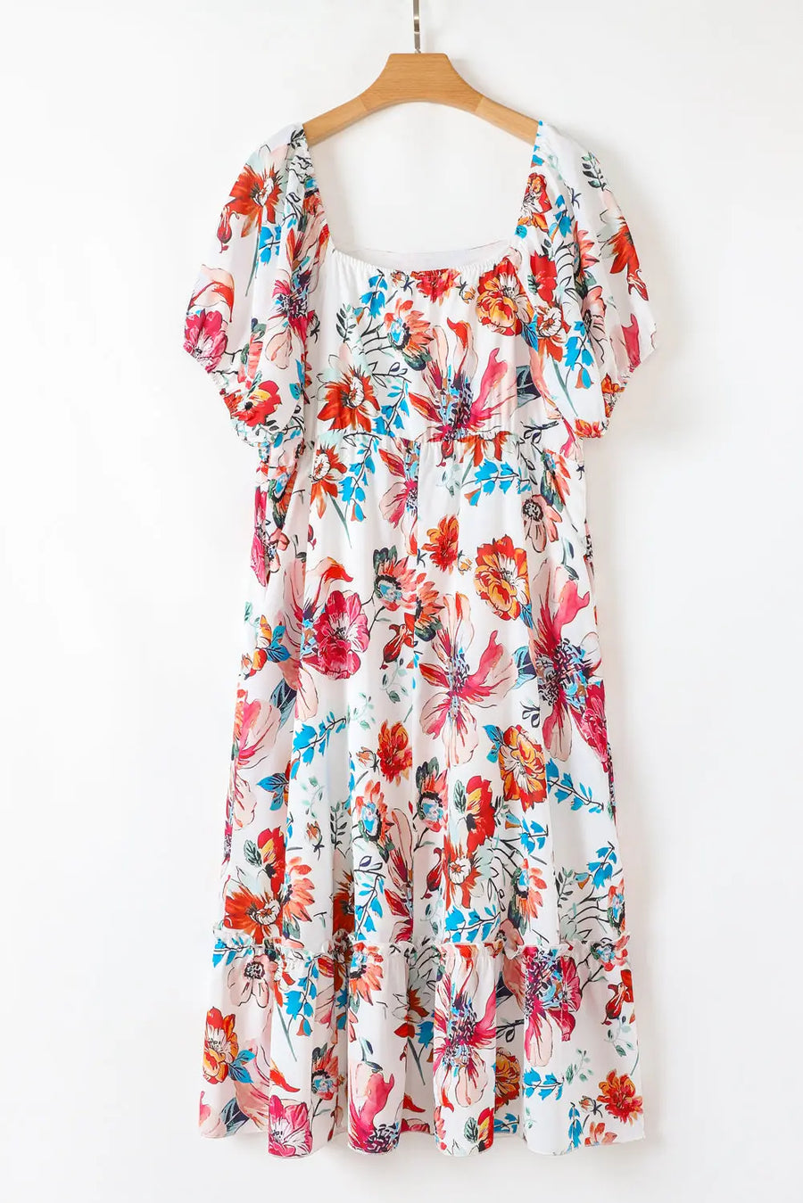 White Floral Puff Sleeve Plus Size Midi Dress Women UK