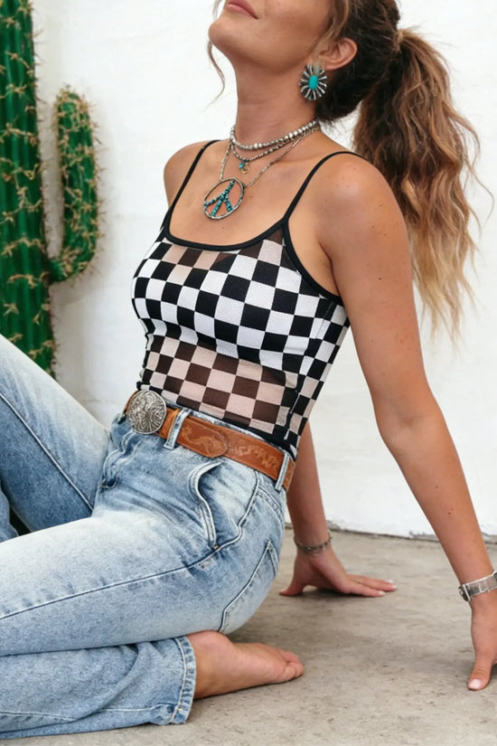 Black sheer checkered print spaghetti straps slim tank top