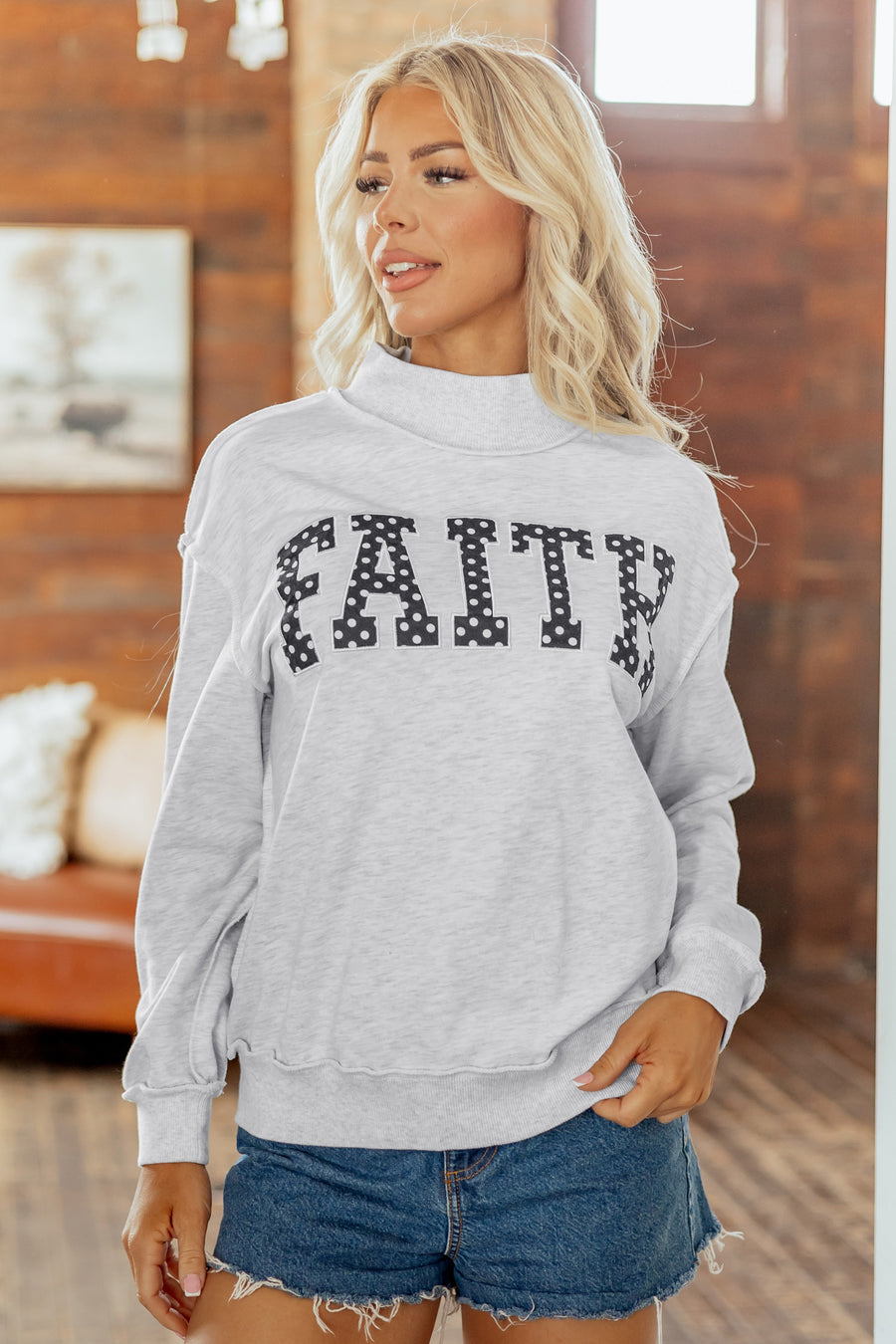 Light Grey Polka Dot Slogan High Neck Baggy Sweatshirt