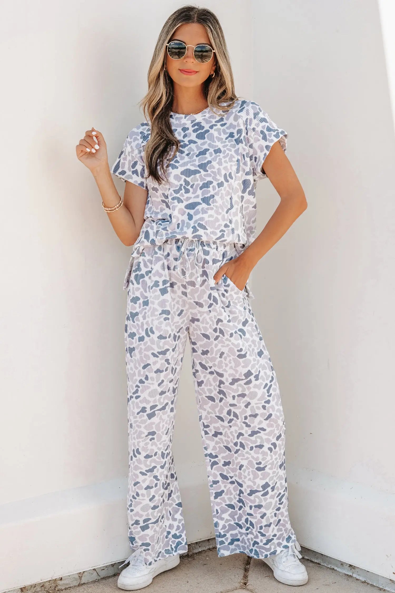 Camo twisted rib tee drawstring pants set short sleeve beige outfit sets