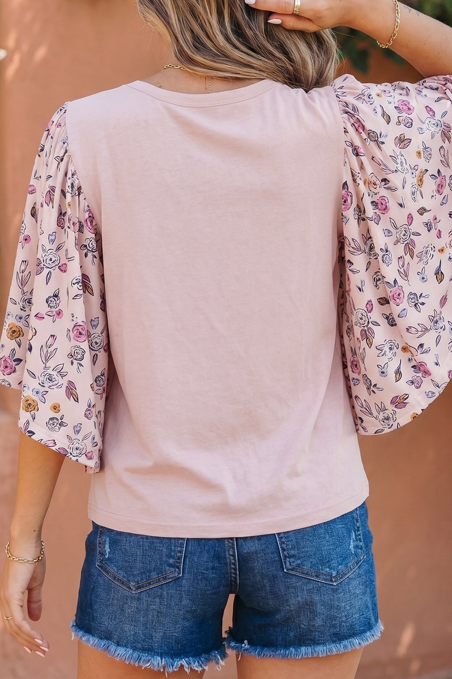 Floral Patchwork Contrast Panel Flowy Half Sleeve Blouse