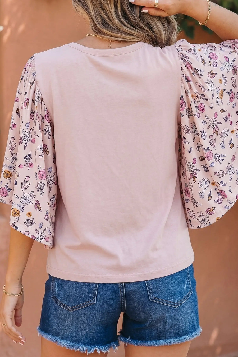 Women's floral patchwork contrast blouse model shot casual