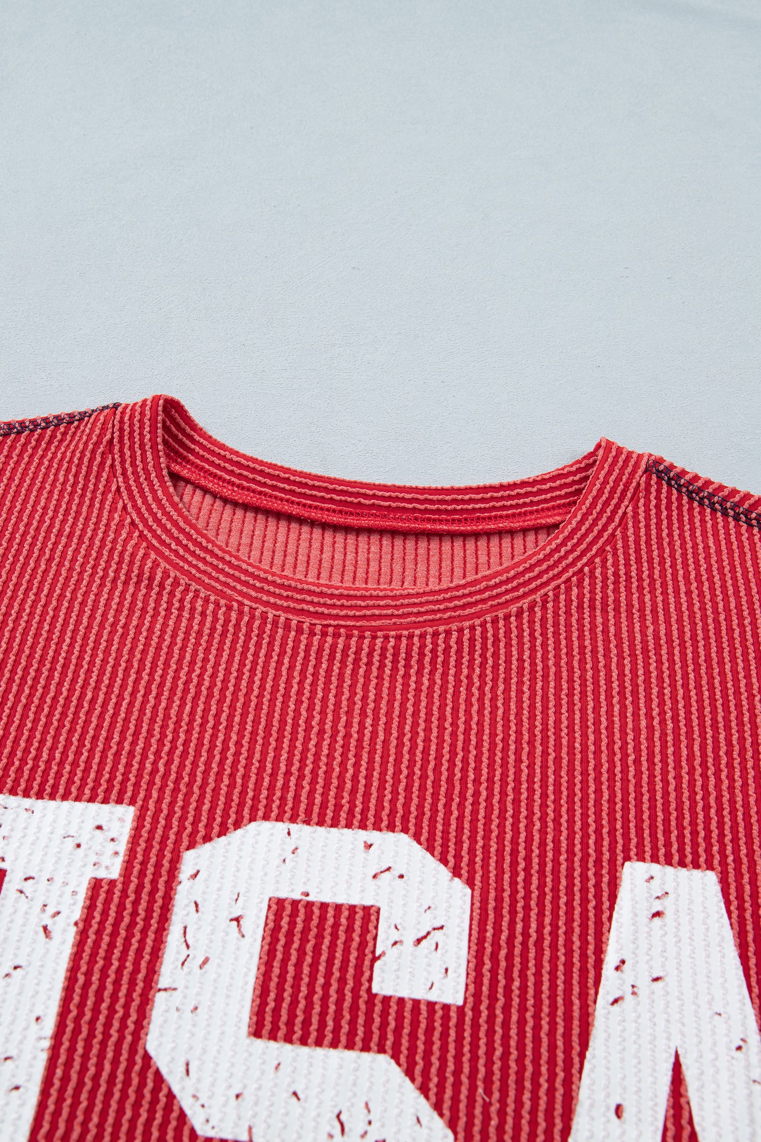 USA Graphic Ribbed Half Sleeve Loose Top Round Neck Tunic Length