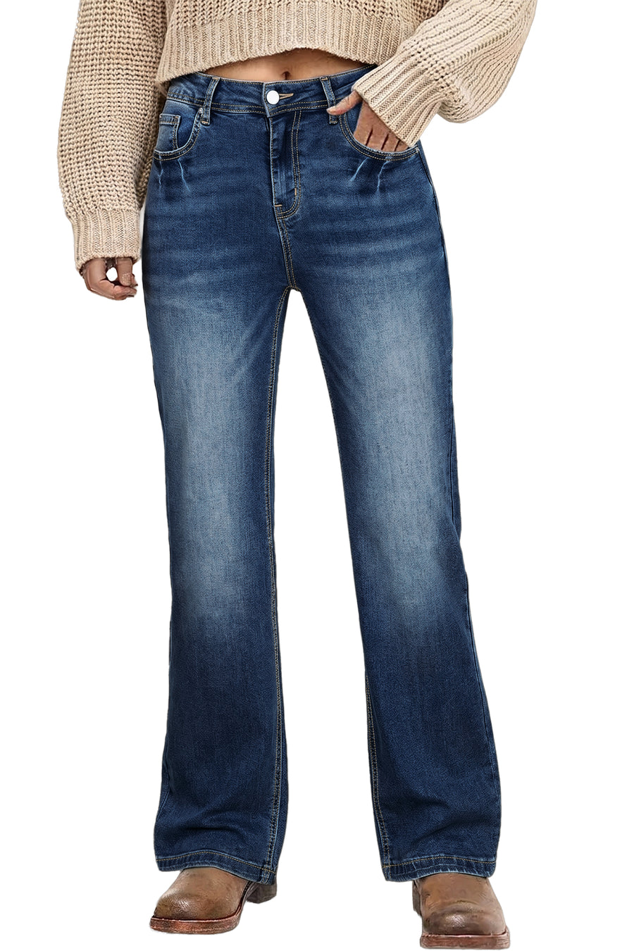 Acid Washed Straight Leg Full Length Jeans Women UK