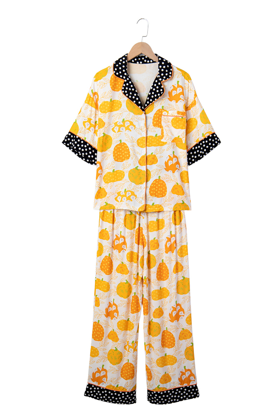 Pumpkin Print Polka Dot Trim Short Sleeve Lounge Set Women UK