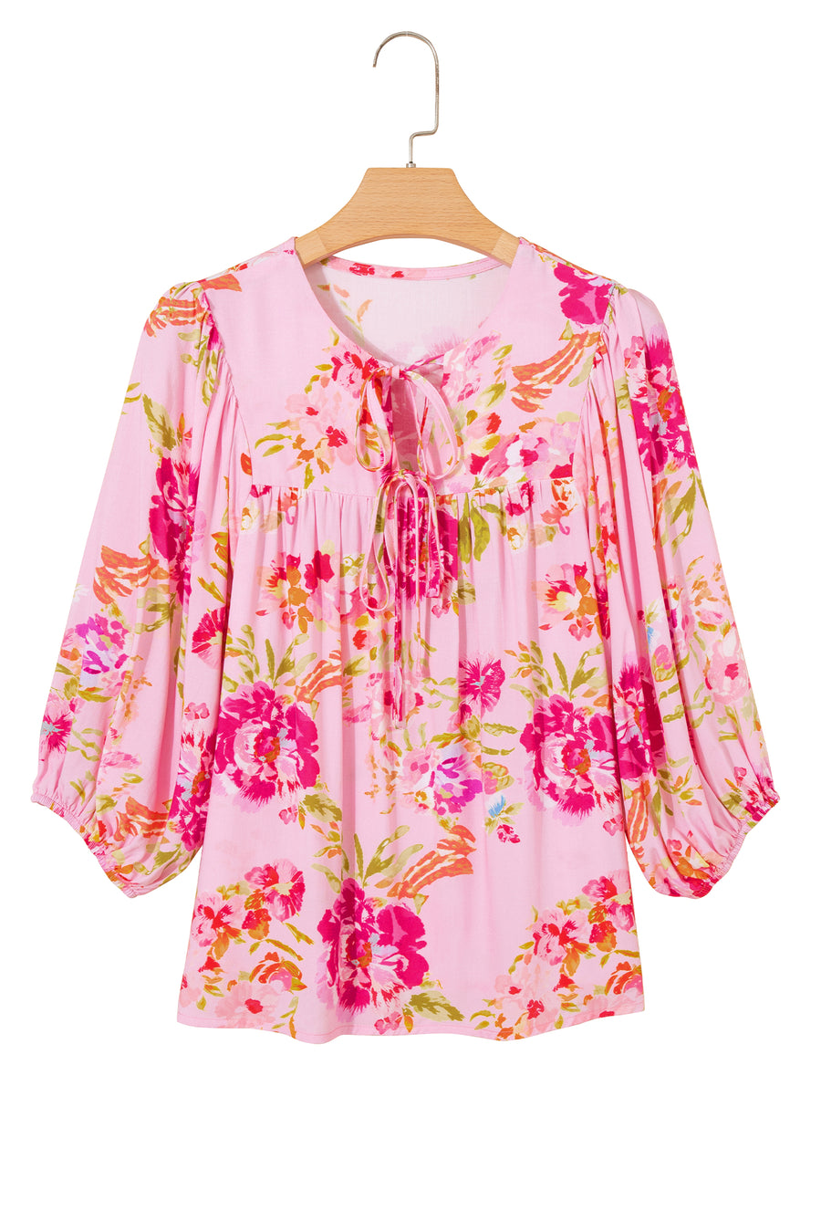 Pink Floral Tie V-Neck Puff Sleeve Blouse Women UK — front view second option | Fashionfitz UK