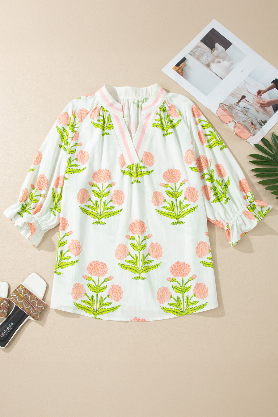Floral Print Striped Trim V Neck Plus Size Blouse Women UK