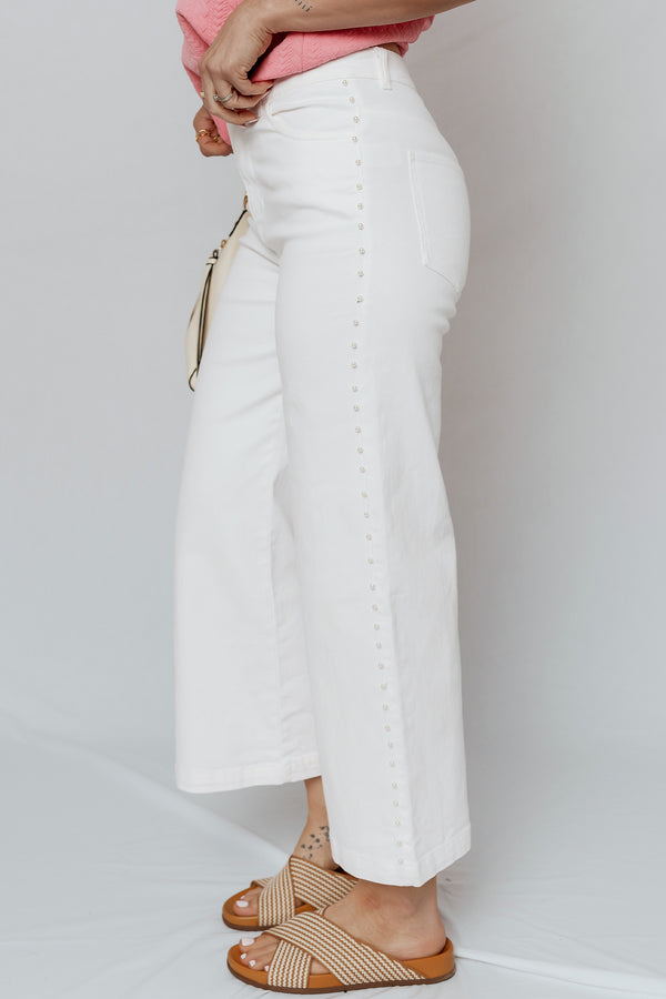 Pearl Embellished Wide Leg Ankle Length Jeans Women UK